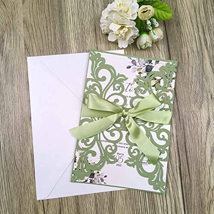 25PCS Laser Cut Wedding Invitations Cards with Envelopes,Blank Inner Sheets,Ribbons for Wedding Bridal Shower Quinceañera Engagement Birthday Invites (matte sage green) - color: matte sage green