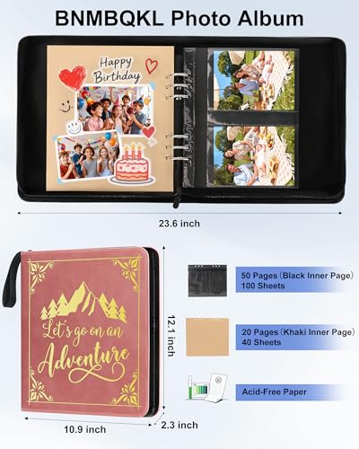Adventure Leather Photo Album 4x6 200 Photos, DIY Scrapbook with 50 Sheets and 20 Blank Kraft Sheets, Travel Souvenir Diary Photo Book for Family Wedding Baby and Holiday Pictures - color: Pink-text