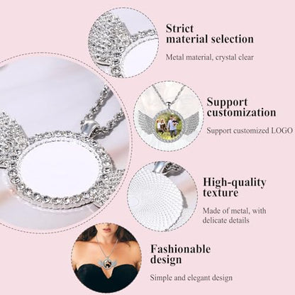 OIDEA Personalized Photo Picture Necklace: Shiny Rhinestones Angel Wings Locket Pendant Chain Necklaces Memorial Jewelry Gifts - color: 1. silver custom