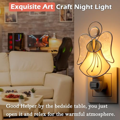 Stained Glass Yellow Guardian Angel Night Lights Plug into Wall - color: Yellow Angel