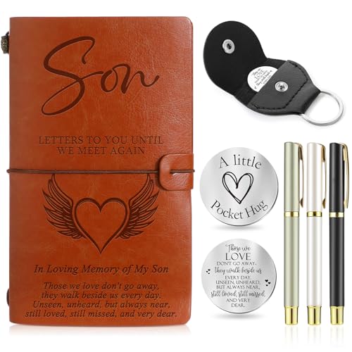 Fulmoon Memorial Gifts for Loss of Son, Letters to My Son in Heaven Included 1 Grief Journal Travel Photo Diary Journal 1 Pocket Hug 1 PU Leather Keychain 3 Ballpoint Pens Bereavement Gifts - style: Son