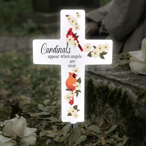 Solar Cross Light for Grave, Cardinal Cemetery Memorial Stake Sympathy Gift - color: cardinals