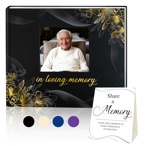 Funeral Guest Book, in Loving Memory Sign in Book with Photo Slot | 330 Entries, Table Sign Card Included, Gold Stamping, Twill-Textured Paper Cover, Celebration of Life Keepsake, 9x7.5", Black - color: Black Photo