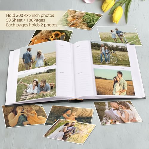 Photo Album Hold 200 4x6 Photos with Memo Writing Space (Black) | Faux Leather Picture Book Fits 4x6 Photo, 200 Pockets Great for Wedding Family Holidays - color: Black