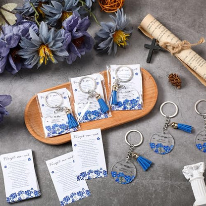 Landical Funeral Favors Forget Me Not Celebration of Life Favors Keychain with Tassel, Card, Gift Bag for Funeral Guest Gifts