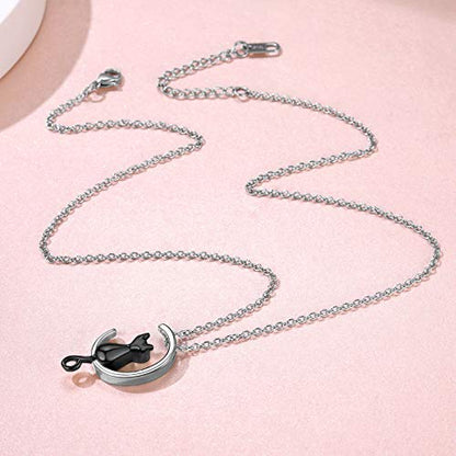 FindChic Personalized Urn Necklaces for Ashes Vertical Bar/Moon Cat/Sand Clock/Dog Claw Pendant Stainless Steel/18K Gold Plated/Black Waterproof Keepsake Cremation Jewelry with Funnel, with Gift Box - color: 2. cat (black)