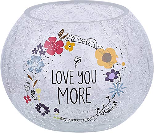 Pavilion - Love You More - Crackled Glass Floral Round Tealight Candle Holder, 5 Inch - Tealight Not Included