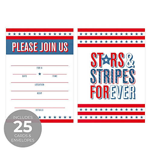 Canopy Street Patriotic 4th Of July Party Invitation / 25 Fill in the Blank Red White Blue Themed Event Invites With Envelopes / 5" x 7" Independence Day Invitations/Made In The USA - style: Stars and Stripes