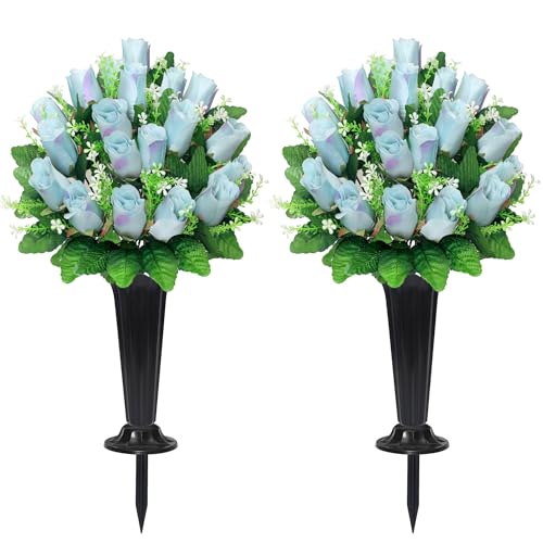 Wocst Cemetery Flowers for Grave,2 Sets Grave Rose Flowers Bouquets with Vases for Cemetery Grave Decorations UV Resistant Non-Fading Easy Fit (Blue) - color: Blue