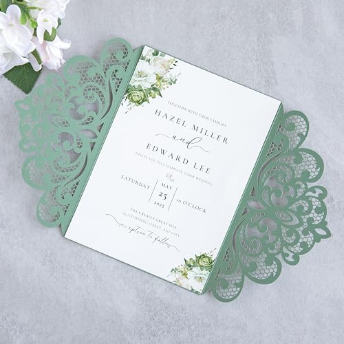 20Pcs Sage Green Laser Cut Wedding Invitation Cards With Envelopes - color: Sage Green
