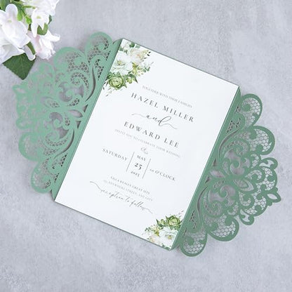 20Pcs Sage Green Laser Cut Wedding Invitation Cards With Envelopes - color: Sage Green