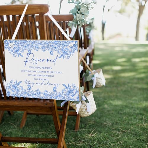 Blue Flower Wedding Memorial Sign with Ribbon Floral Reserved Signs in Loving Memory of Love Ones Parents Celebrating Ceremony Memories Seat Sign from Heaven - style: Blue Seat Sign