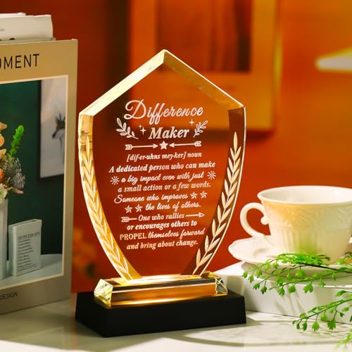 Difference Maker Gifts for Women Men, Appreciation Crystal Plaque | Difference Maker Engraved Definition Desk Decor with Light Base, You Made a Difference Gifts for Teacher Nurse Mentor Boss - style: Difference maker+Light Base