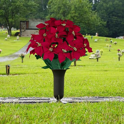 Artificial Flowers for Cemeteries - Red Poinsettias with Gold Glitter - (1) Bouquet (1) Vase - color: Red W Gold Glitter, size: (1) Bouquet (1) Vase