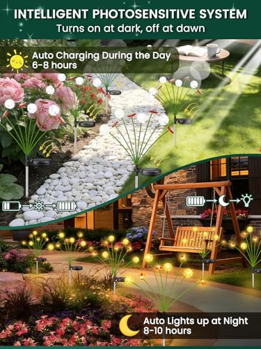EEW Solar Garden Lights Outdoor 10 Pack 80 LED Swaying Dandelion Bee Lights | 2 Modes (Steady on, Slow Twinkle),Cute Flower Pathway Lights for Yard Lawn Patio Party Garden Wedding Pathway Decorations