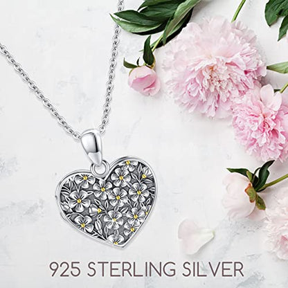 TUGHRA Mother's Day Gifts Gold Locket Necklaces for Women, 925 Sterling Silver Heart Photo Lockets Memorial Keepsake Jewelry Gift for Mom, Wife, Daughter - style: 0976-Daisy