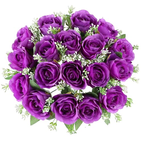 Purple Flowers for Cemetery - 18 Silk Memorial Rose for Grave Decorations | Memorial Artificial Purple Rose Cemetery Flowers for Grave Decor, Symbolizes Eternal Remembrance & Noble Spirit for Loved One - color: Purple