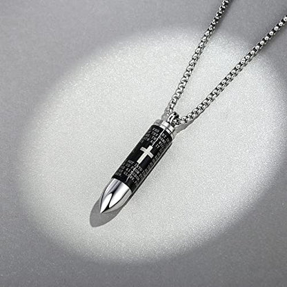Mens Urn Necklace For Ashes Bullet Shape Cross Cremation Urn Jewelry - color: Silver-Black