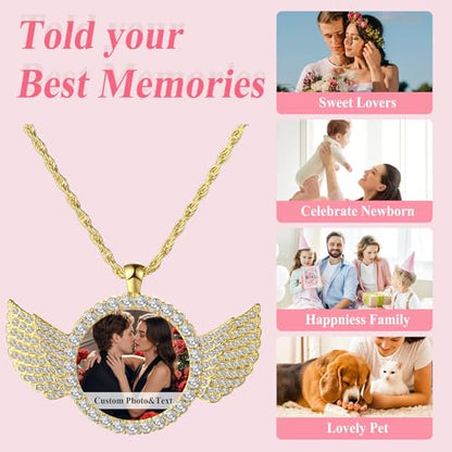 OIDEA Personalized Photo Picture Necklace: Shiny Rhinestones Angel Wings Locket Pendant Chain Necklaces Memorial Jewelry Gifts - color: 1. gold custom