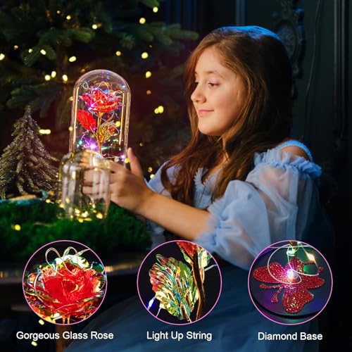Birthday Gifts for Women Mom USB Galaxy Flower Red Rose in Glass Dome - color: Usb-red
