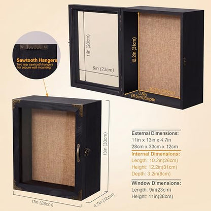 Shadow Box Frame 11x13, Overall Depth 4.7" Deep Display Case with Glass Door, Solid Wood Shadow Box for Memorabilia, Keepsakes, Medals, Photos and Collectibles - color: Black