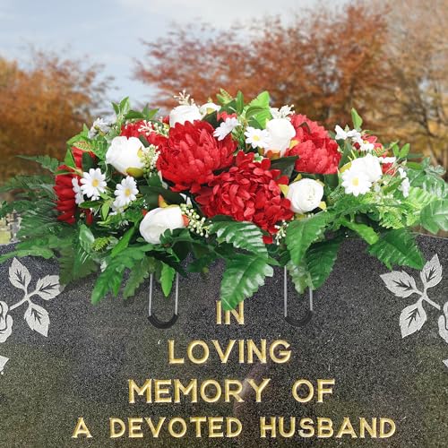 Headstone Flowers – Artificial Cemetery Flowers for Grave, Artificial Red Roses and Chrysanthemums Mixed - Easy to Install Cemetery Flowers for Grave Saddle - color: Red+white