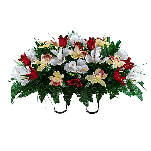 Artificial Cemetery Flowers - Grave Decoration - Red Tulips and White Iris (1) Headstone Saddle - color: Red/White, size: (1) Saddle