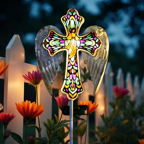TEDOF Solar Glass Cross Stake Lights with Angel Wings | Grave Decorations for Cemetery Outdoor Cemetery Yard Lawn Pathway Sympathy Remembrance Gift for Mom