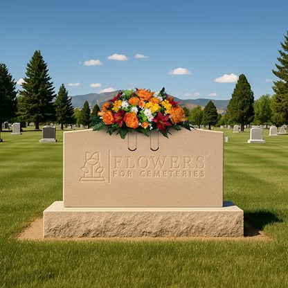 Sympathy Silks Artificial Flowers for Cemeteries - Gravesite Bouquet - Red Lily and Sunrise Peony - (1) Saddle - color: Red/Sunrise, size: (1) Headstone Saddle