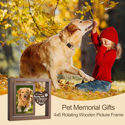 Dog Memorial Picture Frame 4x6 Rotating Wooden Photo Frame Pet Loss Sympathy Gift Bereavement Remembrance Keepsake with Paw Pendant for Dog Cat Lovers