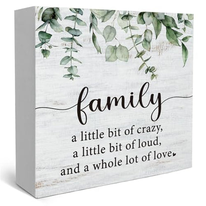 Funny Family a Little Bit of Crazy Wood Box Sign, Inspirational Quotes Rustic Farmhouse Wooden Sign Family Inspirational Wall Art Sign for Home Living Room Desk Shelf Table Decor