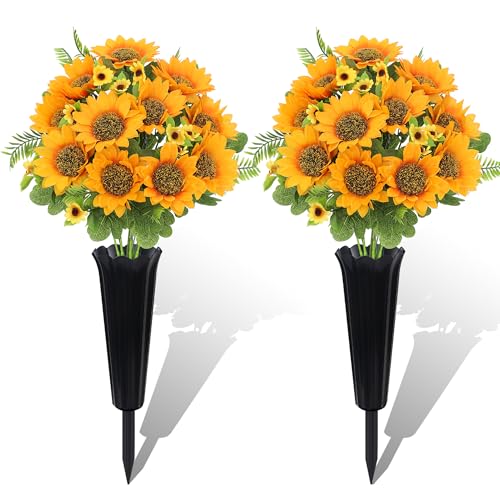 2 Sets Artificial Sunflower Memorial Flowers for Cemetery Decor – Sunflower Bouquets with Heavy- Vases & Ground Spikes – Fade-Proof, Windproof Grave Decorations for Headstones (Yellow)