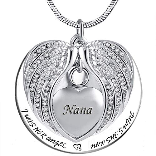 PREKIAR Angel Wing Urn Necklace for Ashes, Heart Cremation Memorial Keepsake Pendant Necklace Jewelry with Fill Kit and Gift Box - color: Nana