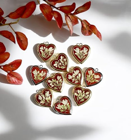 Handmade Dried Pressed Flower Heart Shaped Photo Locket Pendant Necklace - color: Silver, style: White Flower on Dark Red