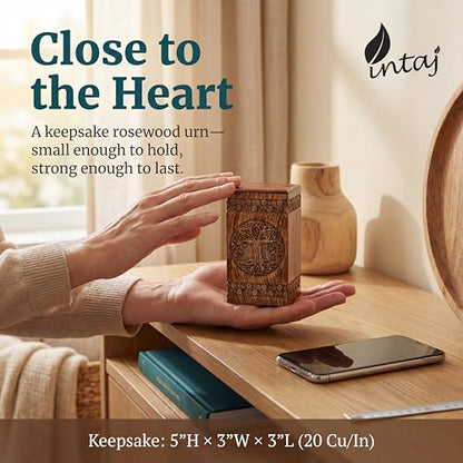 Wooden Cremation Urn for Human Ashes, 20 Cu in, Keepsake, Rosewood | Hand-carved solid sheesham rosewood, screw-locked sliding base, engraving available, holds a small share of ashes, to 20 lb - color: Rosewood, size: Keepsake - 3.50Hx2.00W (6.50 Cu/In)