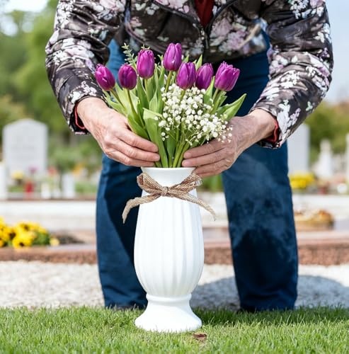 Cemetery Vases with Spikes,Grave Vases for Cemetery with Metal Spikes and Drainage Holes,Grave Flower for Headstones Memorial Gifts Loss of Loved One - color: White
