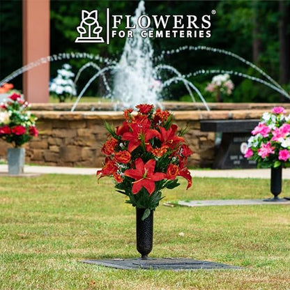 Sympathy Silks Artificial Cemetery Flowers - Gravesite Flowers - Fire Red Lily, Rose, and Daisies - color: Fire Red, size: Bouquet
