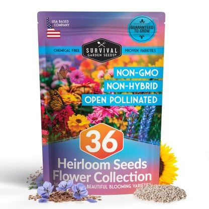 Flower Garden Seeds 36 Variety Kit - Heirloom Starter Pack | 36 Packs of Annual & Perennial Flowers for Planting – Wildflowers for Pollinators, Bees, Butterflies - Survival Garden Seeds