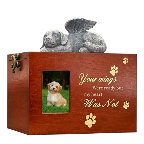 Large Dog Urn for Ashes Wooden Pet Memorial Urn with Photo Frame Dog Cremation Box with Angel Statue Pet Casket for Dogs Cats Small Pets Sympathy Gift for Pet Loss (Dog Urn-Red Brown-Wings-XL) - color: Dog Urn-red Brown-wings, size: Extra Large