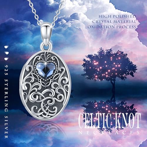 Locket Necklace for Women 925 Sterling Silver Celtic Locket Pendant Necklace Moonstone/Turquoise/Black Agate Heart Shaped Locket Necklace Jewelry Gifts for Women - style: Tree of Life Locket Necklace-crystal