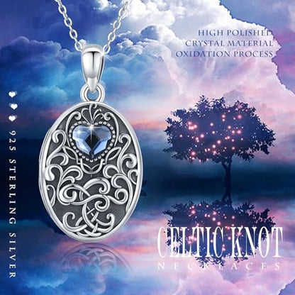 Locket Necklace for Women 925 Sterling Silver Celtic Locket Pendant Necklace Moonstone/Turquoise/Black Agate Heart Shaped Locket Necklace Jewelry Gifts for Women - style: Tree of Life Locket Necklace-crystal