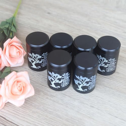 Small Black Aluminum Urns Set of 6 Mini Urns for Ashes with Tree of Life Pattern and Secure Screw Lid - size: Tree of Life - Black