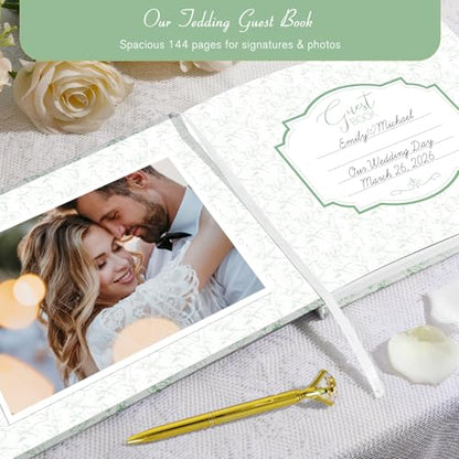 Green Floral Wedding Guest Book with Pen, Hardcover, 144 Pages, 9x7 inches | Gold Foil Title, Space for Polaroid Photos Messages, Sign In Book for Reception, Bridal Shower Guest Book, Engagement Party - color: Green