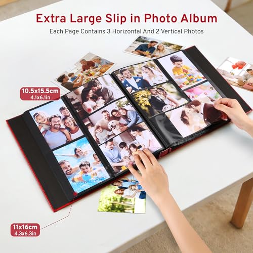 DazSpirit 4x6 Photo Album, 600 Pockets, Leather Cover, Slip-In Pages | Embossed Leather Cover, Extra-Large Memory Book for Wedding, Baby, Anniversary and Family Photos, Red - color: Red