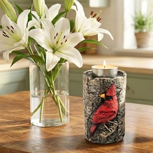 Cardinal Tealight Candle Holder, Faux Birch Resin Wood Decor, Rustic Votive Altar Centerpiece, Outdoor Garden or House Accent, Unique Bird Lover Unique Gifts for Women, Grandma & Mother in Law