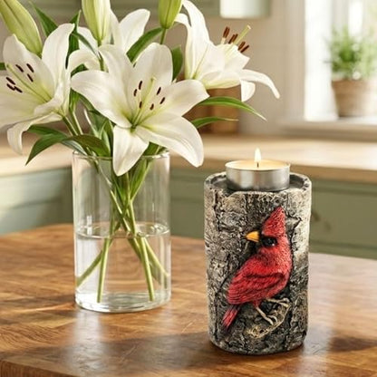 Cardinal Tealight Candle Holder, Faux Birch Resin Wood Decor, Rustic Votive Altar Centerpiece, Outdoor Garden or House Accent, Unique Bird Lover Unique Gifts for Women, Grandma & Mother in Law