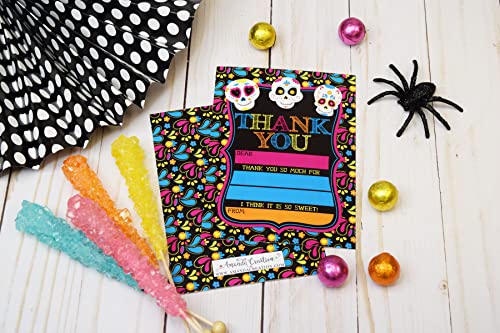Sugar Skull Day of The Dead, Dia De Los Muertos, Colorful Halloween Thank You Notes for Kids, Ten 4" x 5.5" Fill In The Blank Cards with 10 White Envelopes by AmandaCreation - style: Sugar Skull Day of The Dead