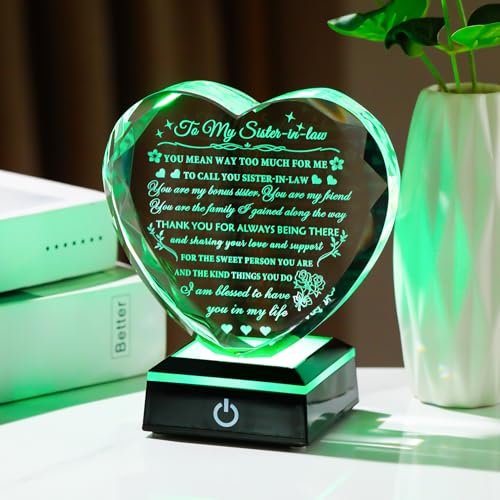 Arikyrist Meaningful Sister in Law Gifts with Colorful LED Base Wedding Birthday Gifts for Sister in Law Heart Crystal Keepsake Gift Ideas for Mother's Day Christmas Thanksgiving - style: Sister in Law Gifts + Light Base