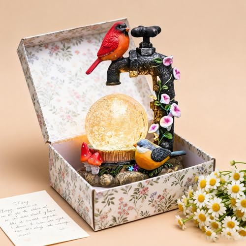TERESA'S COLLECTIONS Cardinal Garden Decor and Solar Light Glass Ball 6" | LED Light, Cute Cardinal and Faucet , Waterproof Resin Garden Statues, Birds Decor Gifts, Birthday Gifts for Women Mom, - size: Medium