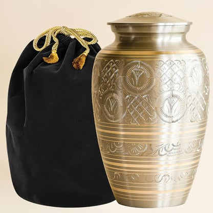 AspenStudio Platinum Brass Cremation Urn for Adult Human Ashes - Large Handcrafted Funeral Memorial Urns Brass Urn Capacity 225 lbs
